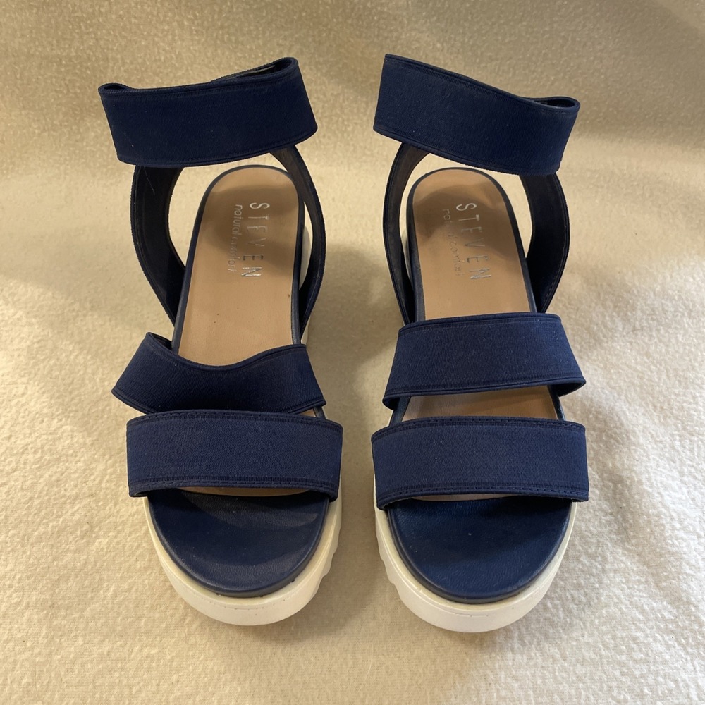 Steven Steve Madden Navy Blue White Comfort Kelly Wedge Sandal Sz 5-6 Nautical
